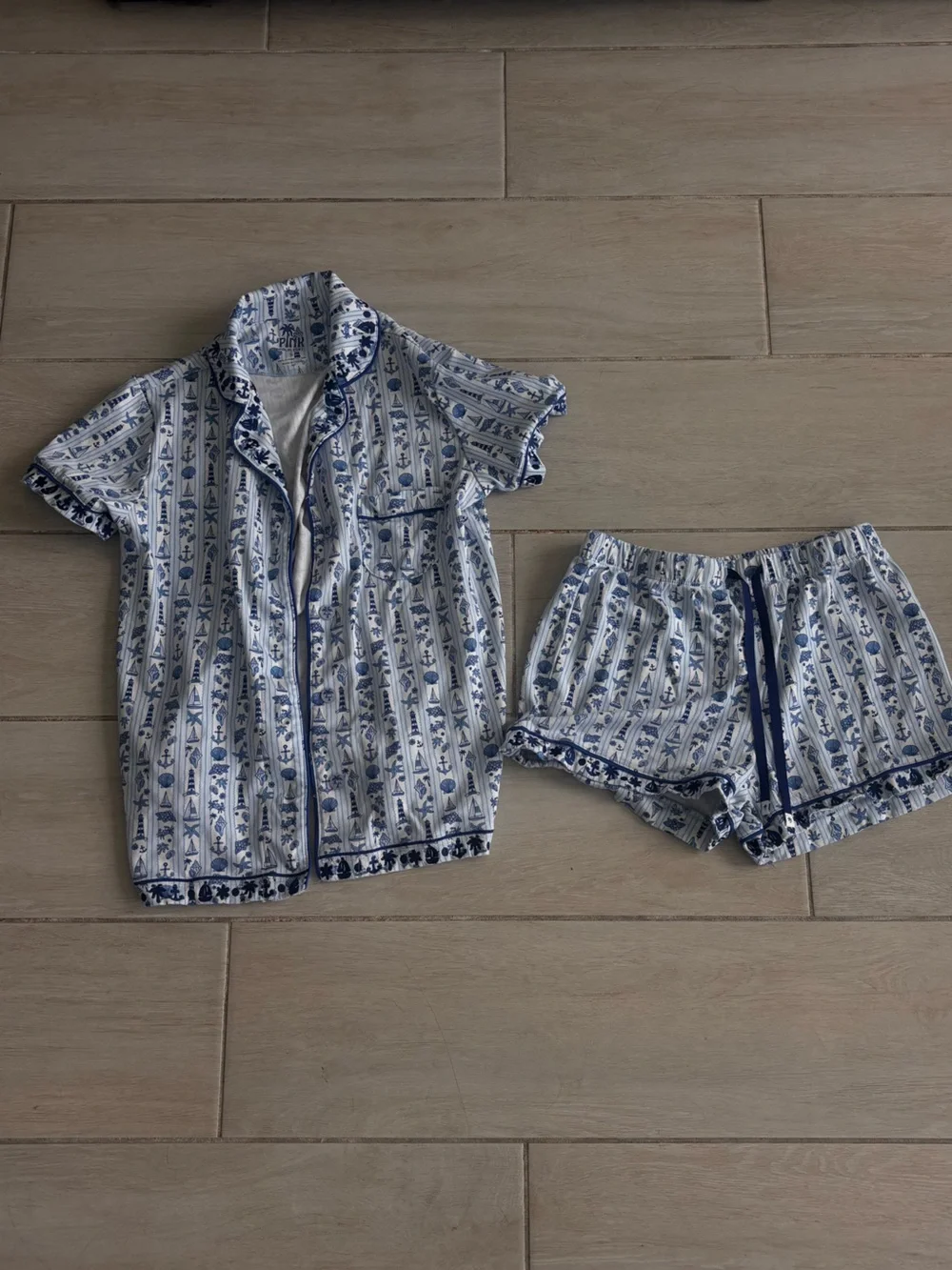 Pink palm puff blue Women's Two-Piece Pajama Set